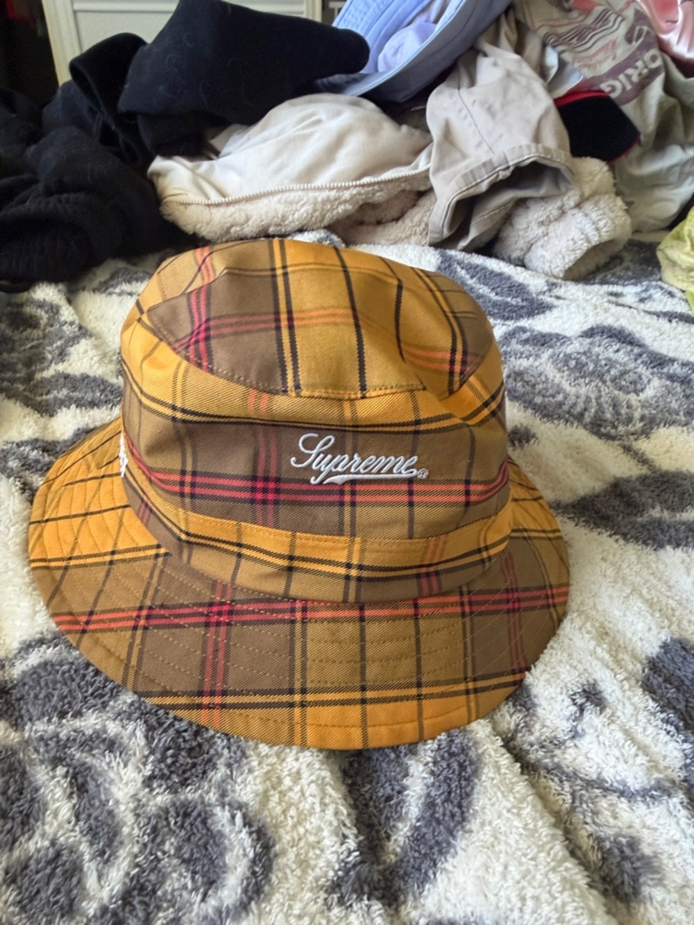 Supreme Yellow Plaid Bucket Hat with Red and Brown Accents